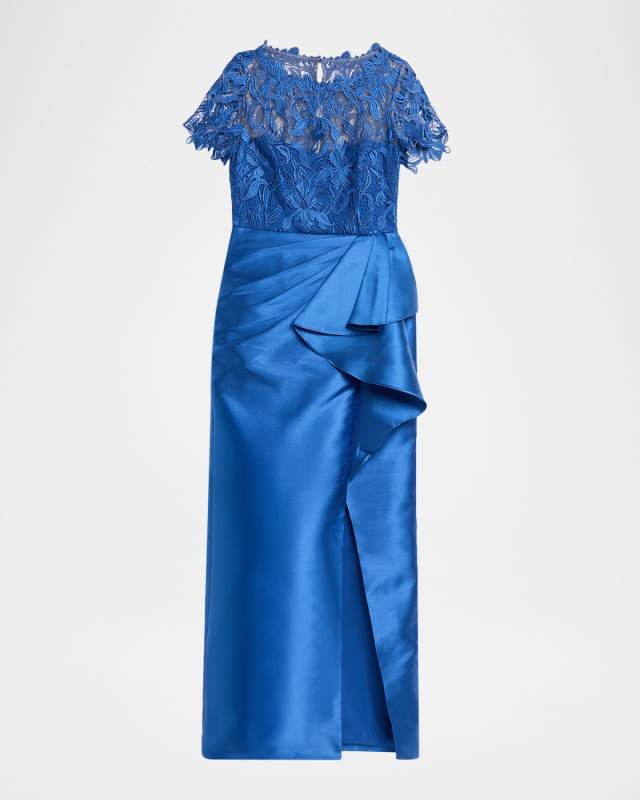 Selena Draped Floral Lace & Mikado Column Gown